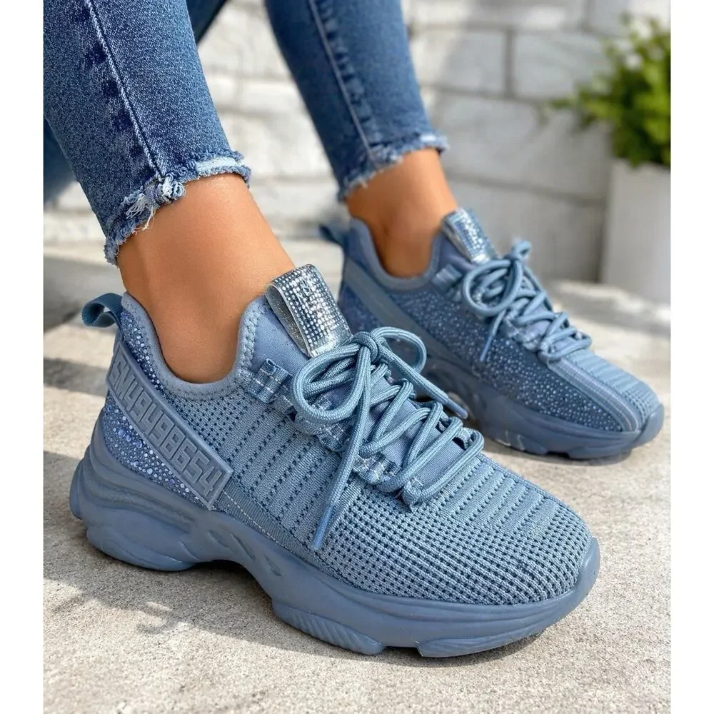Steve Madden Maxima Blue Rhinestone Knit Sneakers Women’s 8.5 Chunky Trainer - Picture 2 of 11